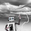 Bender the robot dressed as Benjamin Franklin flying a kite in a storm in a 1920's type o...jpg